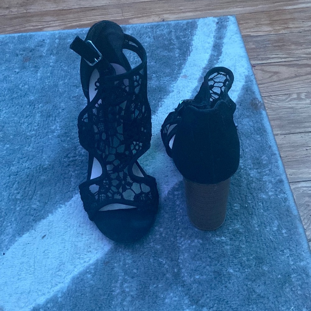 Black lace and Tan open toe heels size 7.5